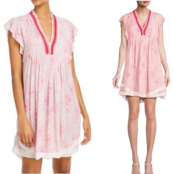 Poupette St. Barth Dresses & Skirts - Poupette St Barth Sasha Pink Floral Fringe Crochet Hem Pintuck Shift Dress  XS